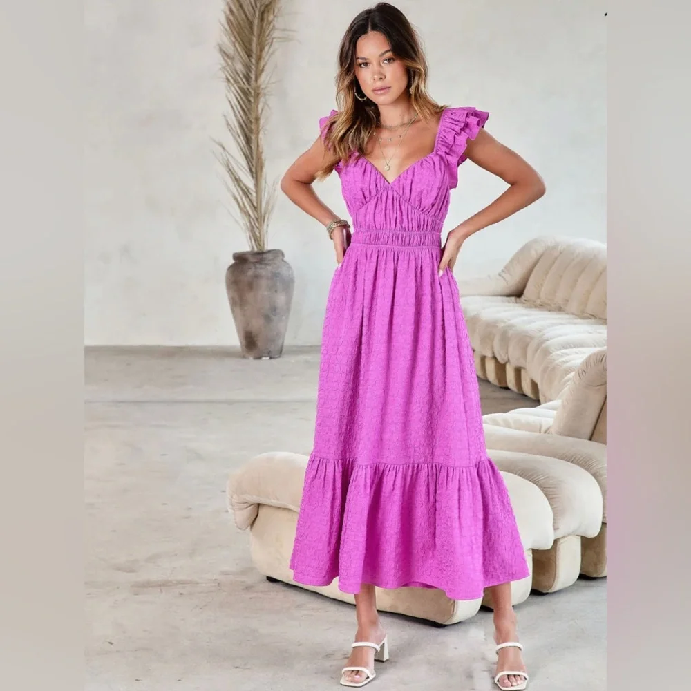NWT Vici Georgiana Orchid Textured Ruffle Midi Dress |Size Medium - Picture 3 of 3